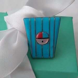 Vintage Zuni Sunface Sterling Silver+ Turquoise Bolo Tie Holder Accessory